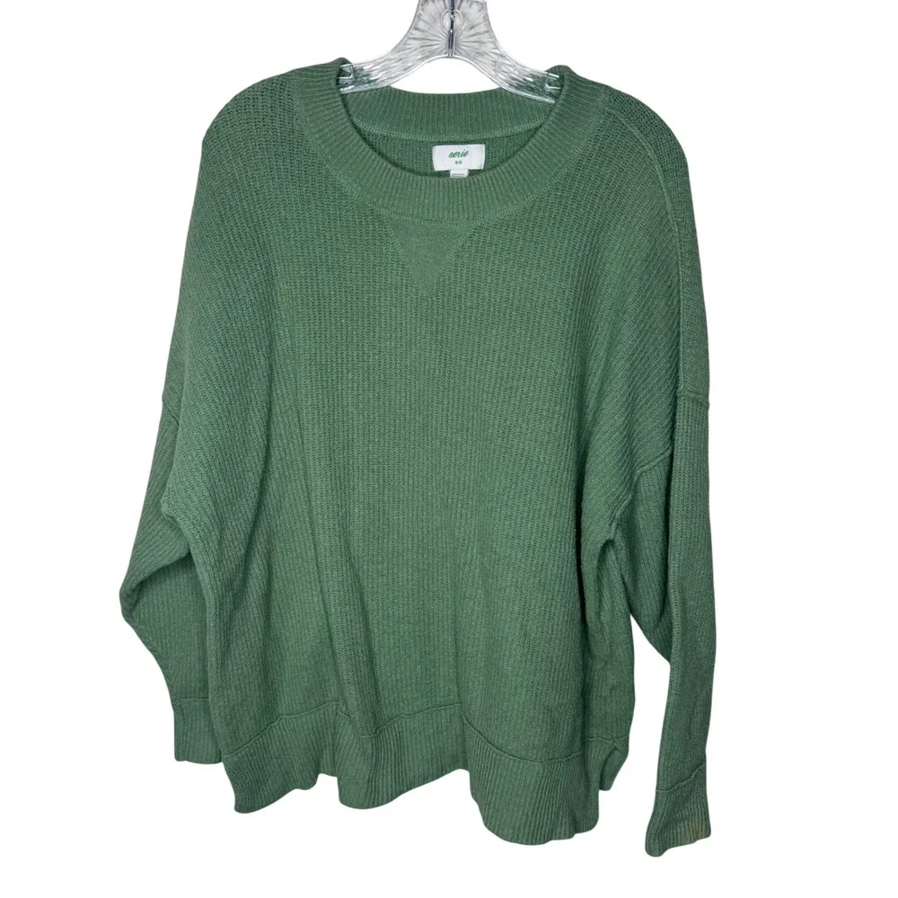 Aerie Womens M‎ Sage Green Oversized Ribbed Crew Neck Cotton Blend Knit Sweater
